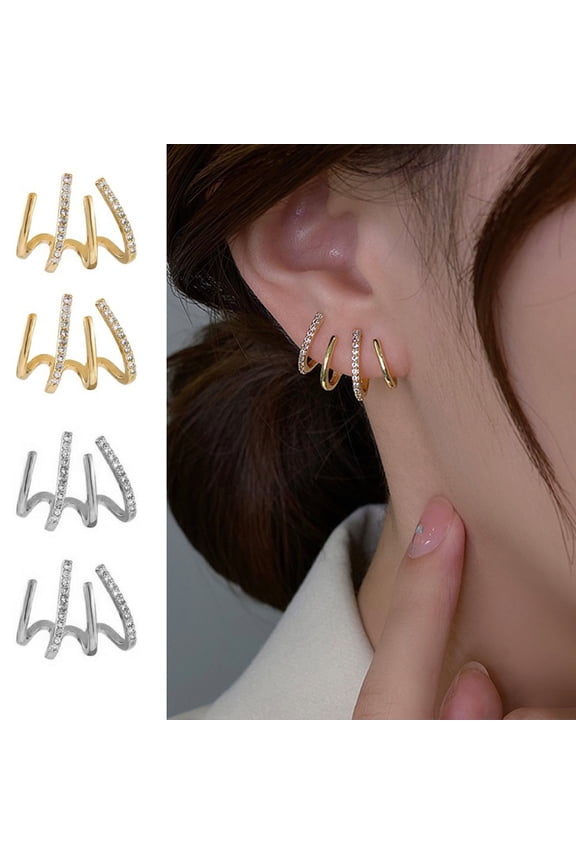 1 Pair Stud Earrings Four Claws Row Rhinestone Jewelry Fashion Appearance Korean Style Stud Ear Cuffs for Daily Wear Golden