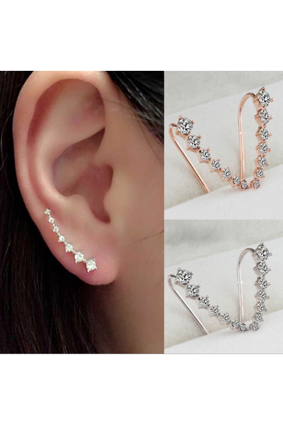 1 Pair Women Ear Studs C Shape Rhinestone Jewelry Shiny Korean Style Stud Earrings for Dating Silver