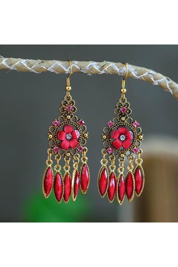 1 Pair Women Earrings Flower Shape Tassel Shiny Rhinestone Drop Earrings for Prom Sky Blue