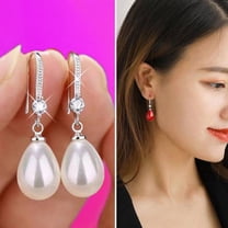 Anvazise 1 Pair Women Earrings Oval-shaped Faux Pearls Jewelry Shining Rhinestones Hook Earrings for Prom Red