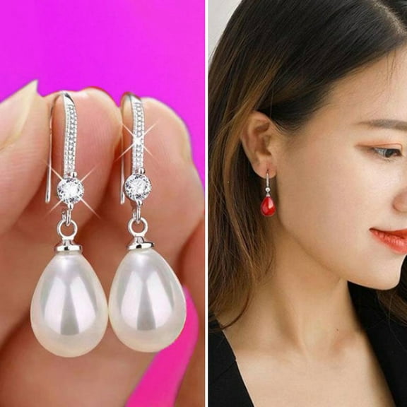 Anvazise 1 Pair Women Earrings Oval-shaped Faux Pearls Jewelry Shining Rhinestones Hook Earrings for Prom Red