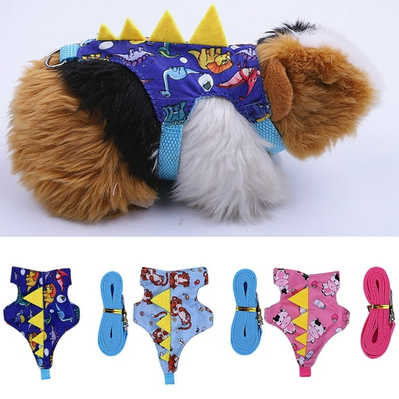 Anvazise 1 Set Small Pet Harness with Leash Rope Cute Dinosaur Cross-dressing Printed Costume Traction Tool Adjustable Guinea Pig Hamster Rat Rabbit Vest Clothes Pet Supplies Royal Blue