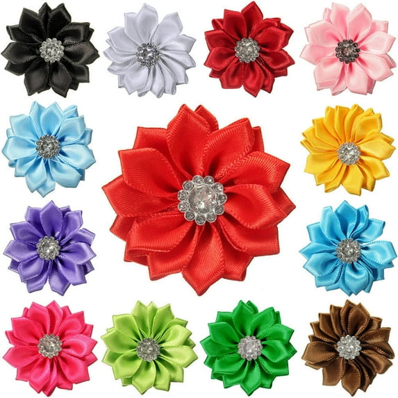 Anvazise 10 Pcs 4cm Satin Ribbon Flowers Shiny Rhinestone Appliques DIY Wedding Craft Dark Green One Size