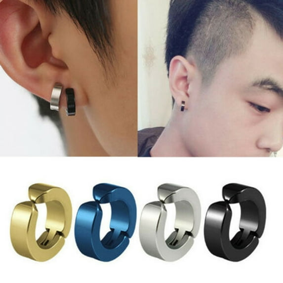 Anvazise 1Pc Men Titanium Steel Round Non-Pierced Ear Cuff Clip Earring Pendant for Party Club Blue Earring
