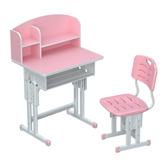 Anvazise 2Pcs Kids Desk Chair Set, Height Adjustable Children School Study Table Chair Set with Storage Drawer, Ergonomic Desk Chair with Book Stand, Partition Design,Pink