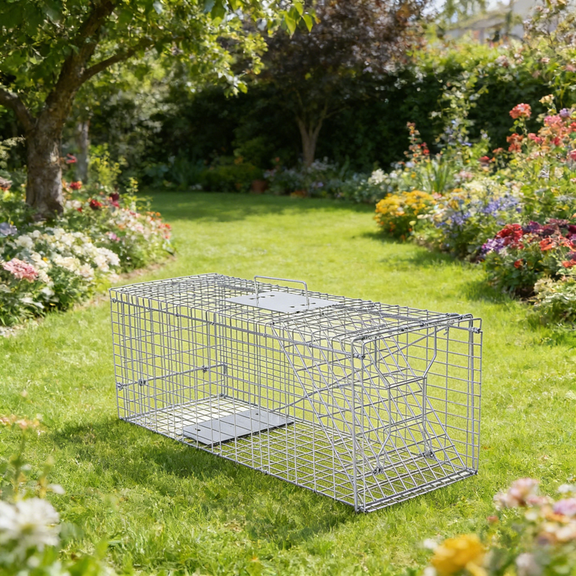 Anvazise 33" Live Animal Cage Trap, Heavy Duty Folding Raccoon Traps,Humane Cat Trap with Pedal Triggers for Stray Cats, Raccoons, Squirrel, Skunk, Mole, Rabbit, Catch and Release,Silver