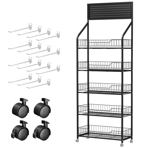 Anvazise 5 Tier Retail Snack Display Rack,Metal Candy Storage Shelf Cart,Heavy-Duty Potato Chip Organizer Stand with Wheels & 15 Hooks (Black)