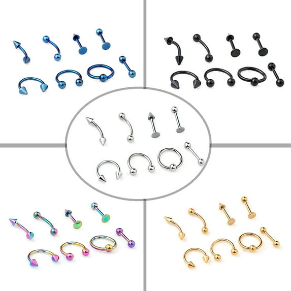 Anvazise 8Pcs Mixed Style Lip Tongue Eyebrow Nose Ring Barbell Body Piercing Jewelry Black