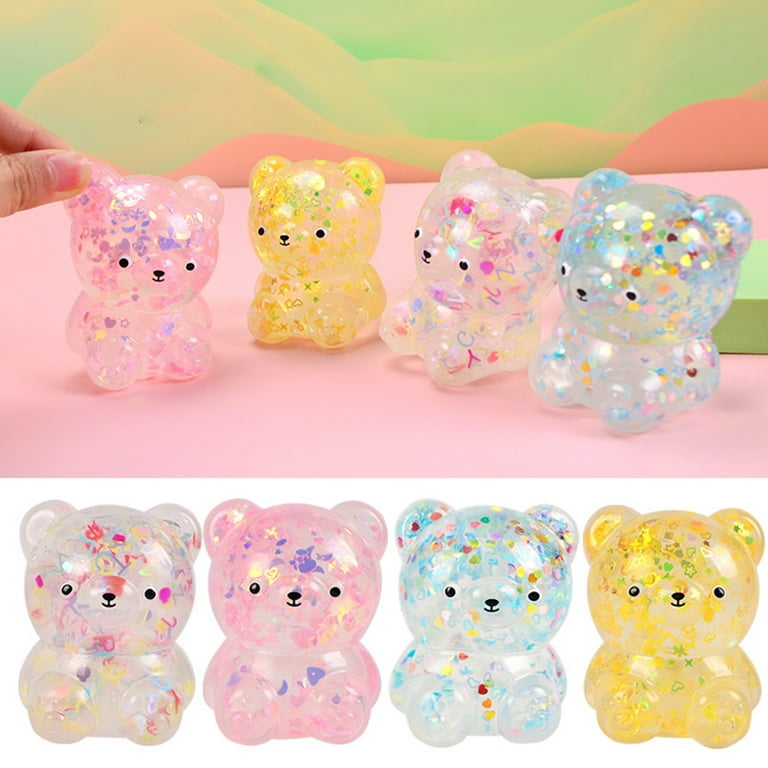 Anvazise Bear Squeeze Toy Colorful Sequins Transparent Jelly Texture Soft TPR Stress Relief Cartoon Animal Fidget Squishes Toy Kids Supplies Random