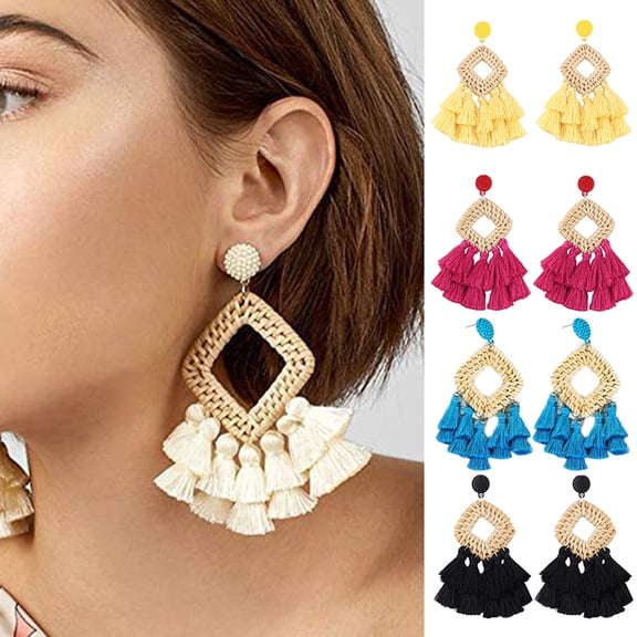 Anvazise Boho Women Hollow Rhombus Rattan Woven Tassel Statement Dangle Stud Earrings White