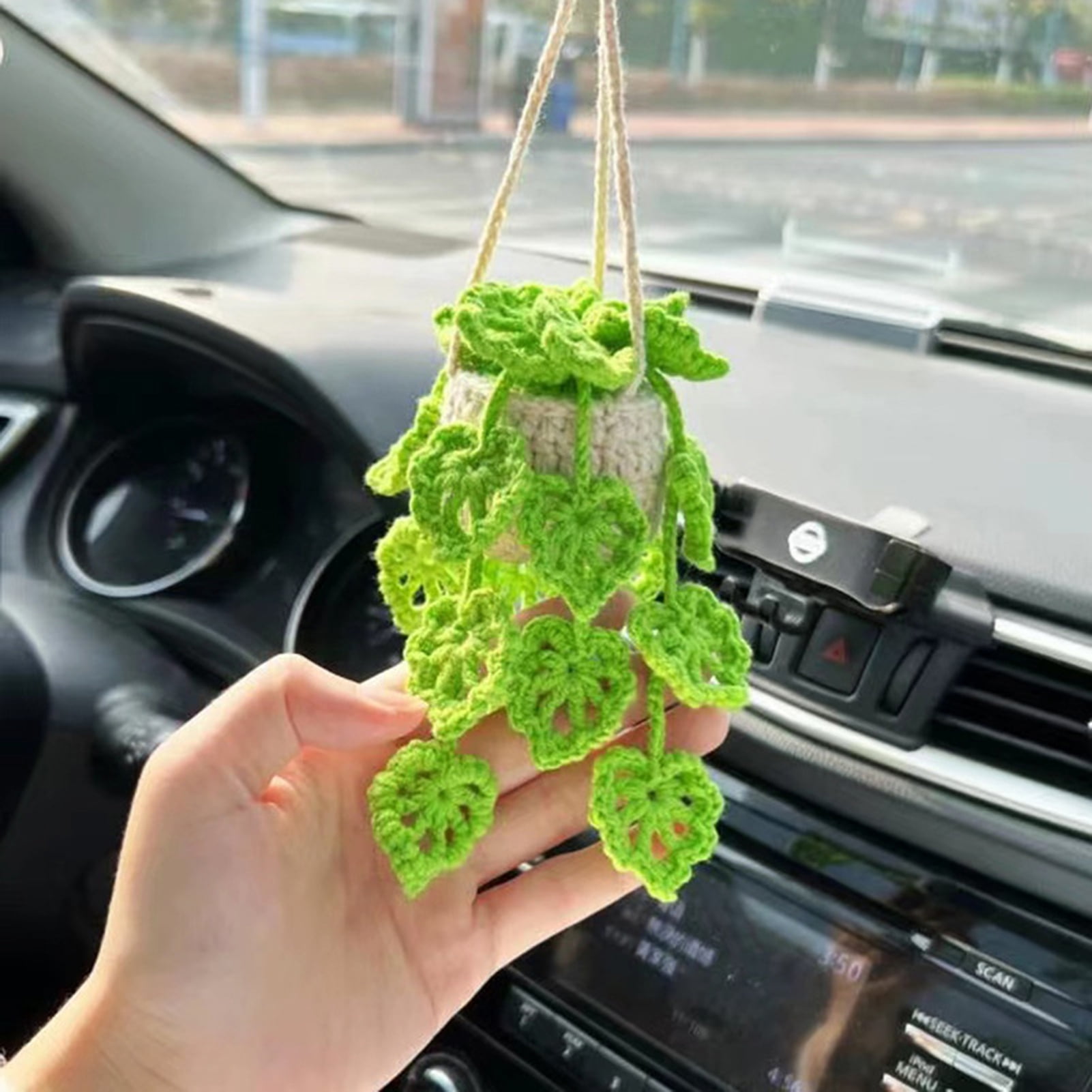 Anvazise Car Mirror Hanging Accessory Handmade Knitted Cute Crochet Potted  Plant Rear View Decor Car Interior Accessories Style C One Size 