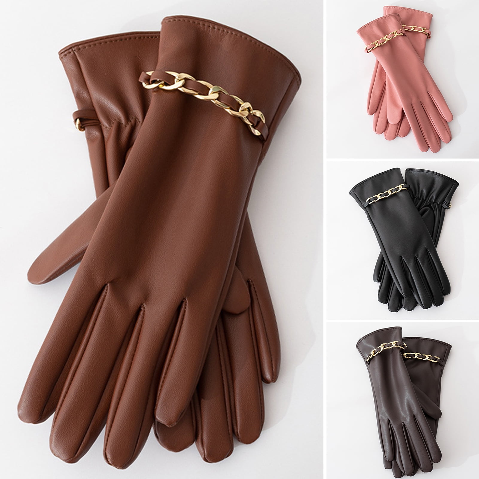 Anvazise Chain Decor Elastic Cuffs Faux Leather Women Gloves Winter ...