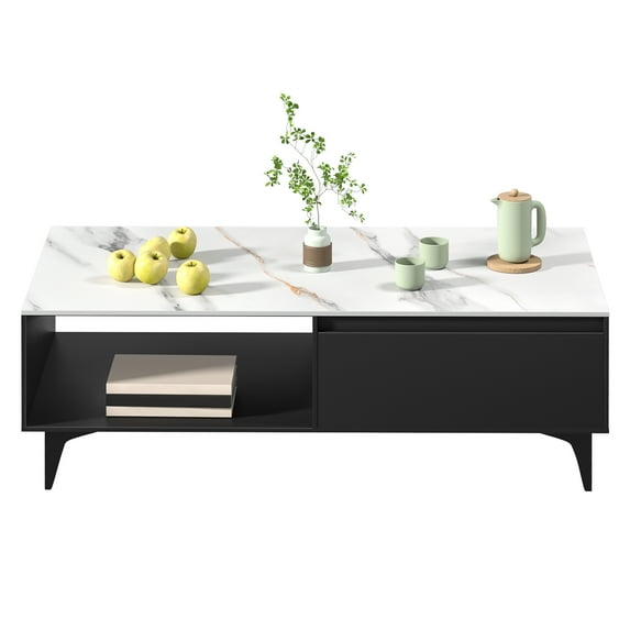 Anvazise Coffee Table, Modern Tea Table with Storage, Small Household Balcony Table, Rectangle Wood Center Table with Drawer, Marble Panel