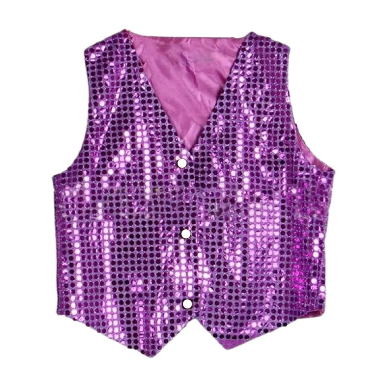 Anvazise Costume Vest Glitter Unisex Colorful Kids Sleeveless Sequin Vest for Party Purple 2XL