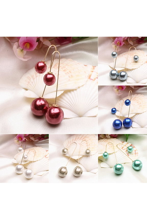 Earrings U-Shaped Double Sided Faux Pearl Gold Plated Ear Dangle Jewelry for Women Burgundy