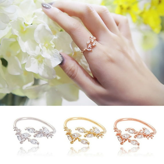 Anvazise Fashion Women Adjustable Open Ring Rhinestone Inlaid Leaves Party Club Jewelry Silver One Size