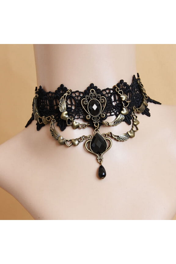 Faux Gem Black Lace Ring Bracelet Women Gothic Punk Style Necklace Bracelet Jewelry Accessory Necklace