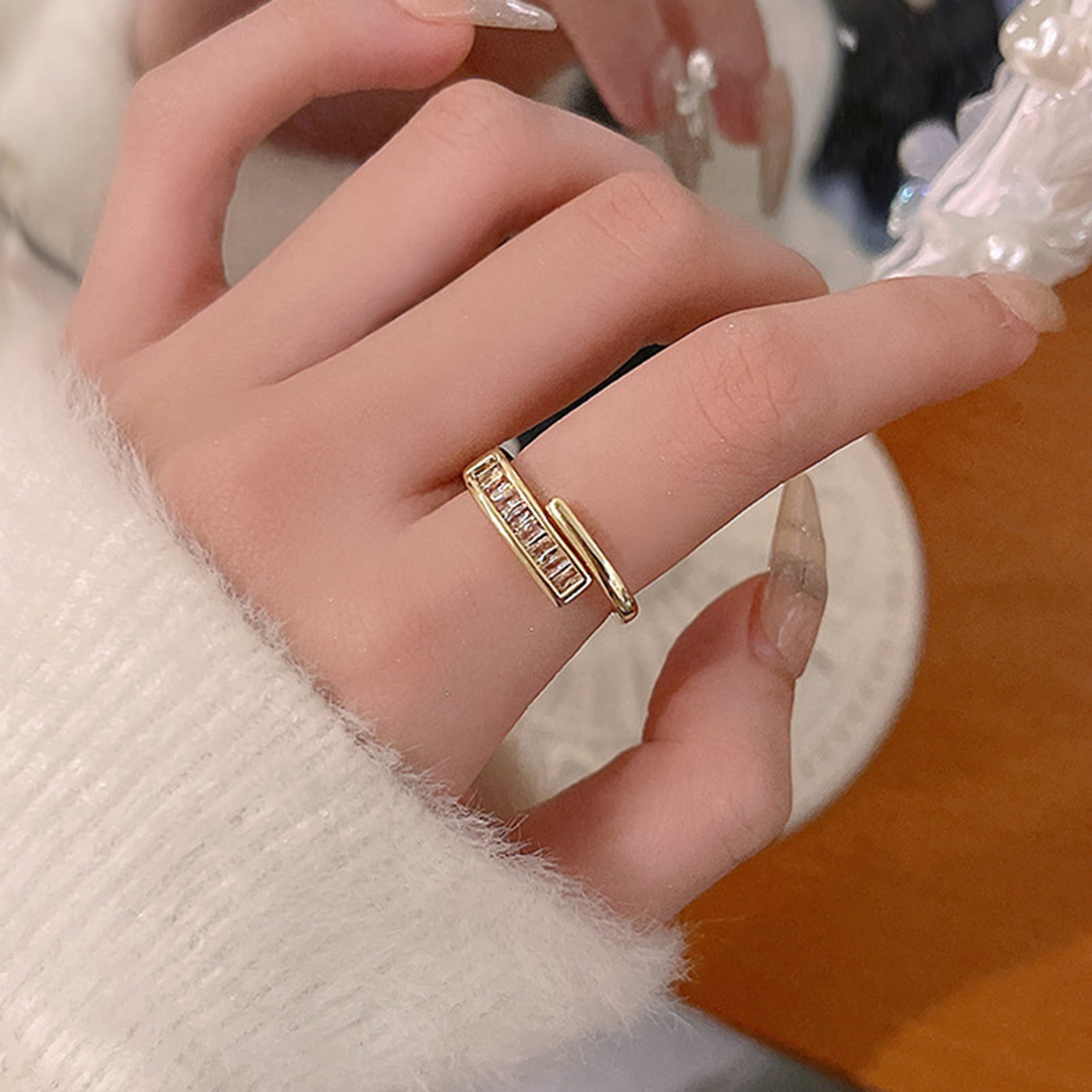 Anvazise Finger Ring Double Layer Geometric Shiny Adjustable Opening Korean  Style Copper Women Silver Finger Ring Daily Wear Golden 