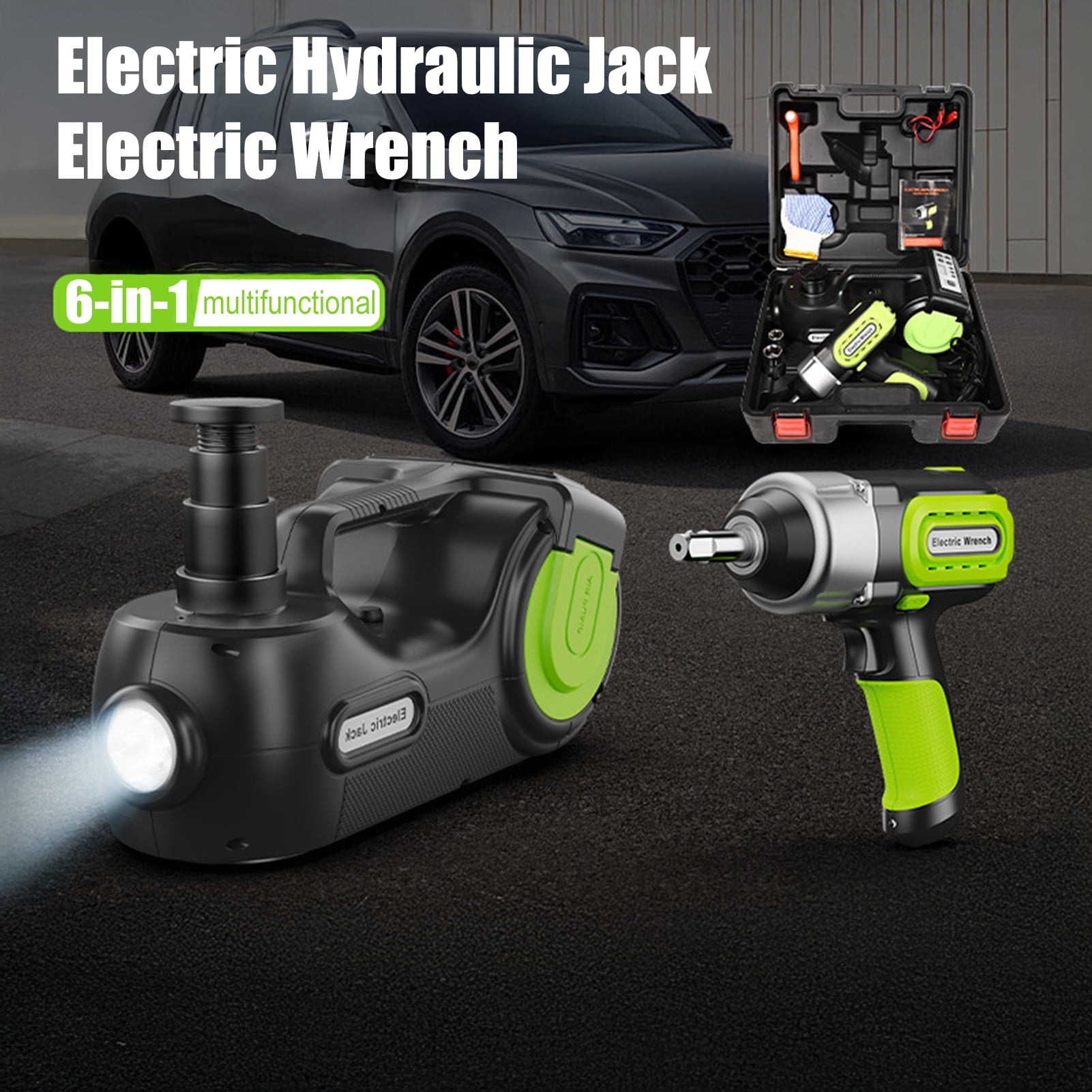 Anvazise Floor Jack,Jack Stands,Electric Hydraulic Jack,Emergency Tool Kit with Window-Breaking Hammer Anti-Slip Gloves Battery Clamps Electric Wrench
