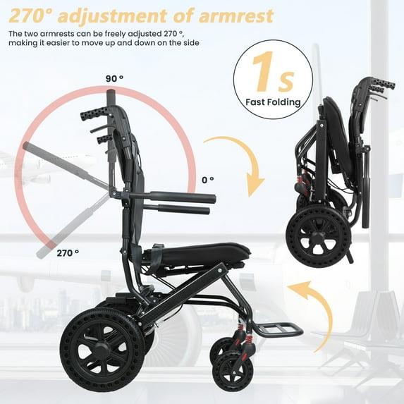 Anvazise Folding Transport Wheelchair,Portable Wheelchairs for Adults and Seniors,Ultra-Light Wheelchair,Black