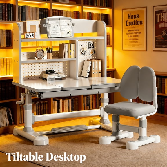 Anvazise Kids Study Desk Chair Set,Height Adjustable Writing Tables,Ergonomic Learning Table with Tiltable Desktop, Large Storage Drawer, Bookshelf, Hand-Cranked Lift,Grey