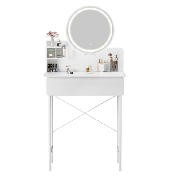 Anvazise Makeup Vanity Desk with LED Lighted Mirror, Vanity Table with 1 Drawer and 2 Opening Shelves, Bedroom Dressing Table, 3 Modes Brightness Adjustable