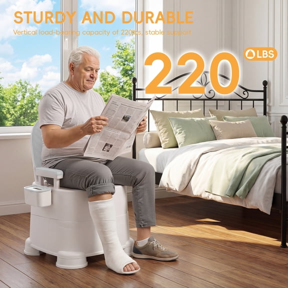 Anvazise Mobile Portable Commode Chair,Bedside Commode,Double Seal Odor Control Toilet with Removable Armrest, Bucket & Paper Holder,220lbs Capacity (Grey)