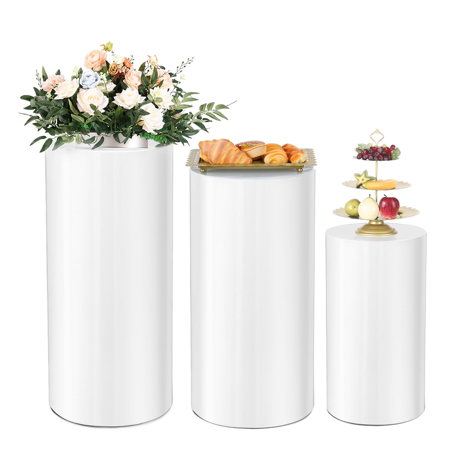 GALAGLAM 3-Piece White Cylinder Pedestal Stands Set - 35.4", 29.5", 23.6" Heights For Wedding & Party Decor