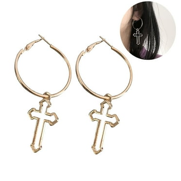 Anvazise Punk Women Hollow Cross Round Dangle Drop Hoop Earrings Piercing Jewelry Gift Golden