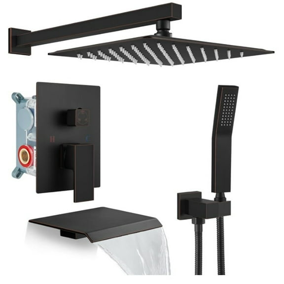 Anvazise Shower Panel Tower System with Handheld Rotary Sprayer Head, Changeable Flow Setting Brass Rough-in Valve 10 Inch Large Shower Head, Wall Mounted Shower Panels System (Black)