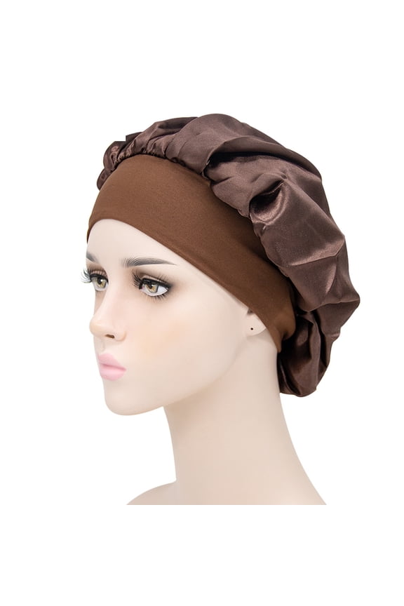 Sleep Hat Wide Headband Elastic Satin Stretchy Hair Bonnet Hat for Woman Brown One Size
