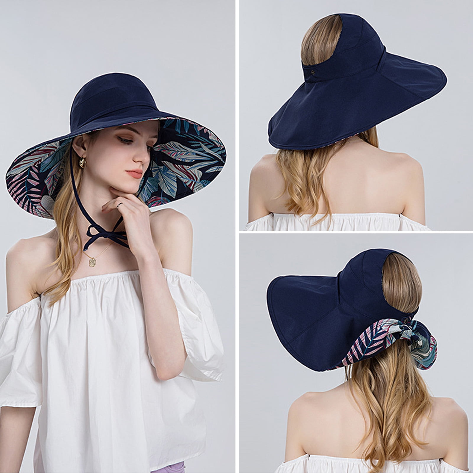Anvazise Sun Hat Large Brim Ponytail Hole Breathable Drawstring Adjustable  Sun Protection Soft Leaf Print Half Visor Summer Hat for Women Navy Blue