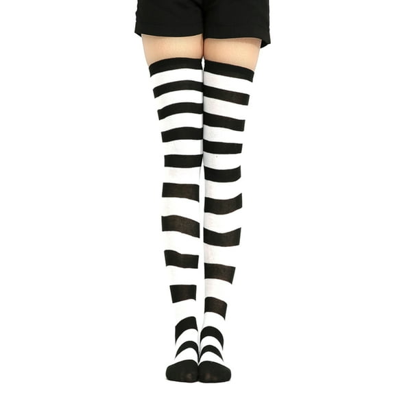 Anvazise Sweet Women Stripe Thigh High Over The Knee Stockings Stretch Long Cosplay Socks Black and White Wide Stripe