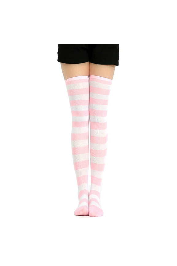 Sweet Women Stripe Thigh High Over The Knee Stockings Stretch Long Cosplay Socks Pink and White Wide Stripe