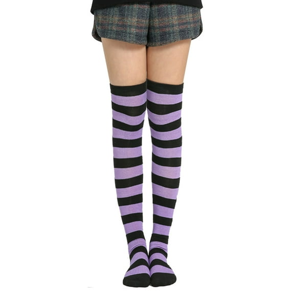 Anvazise Sweet Women Stripe Thigh High Over The Knee Stockings Stretch Long Cosplay Socks Purpleand Black Wide Stripe
