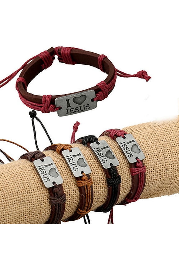 Unisex I LOVE JESUS Faux Leather Bangle Hemp Rope Chain Adjustable Bracelet Red