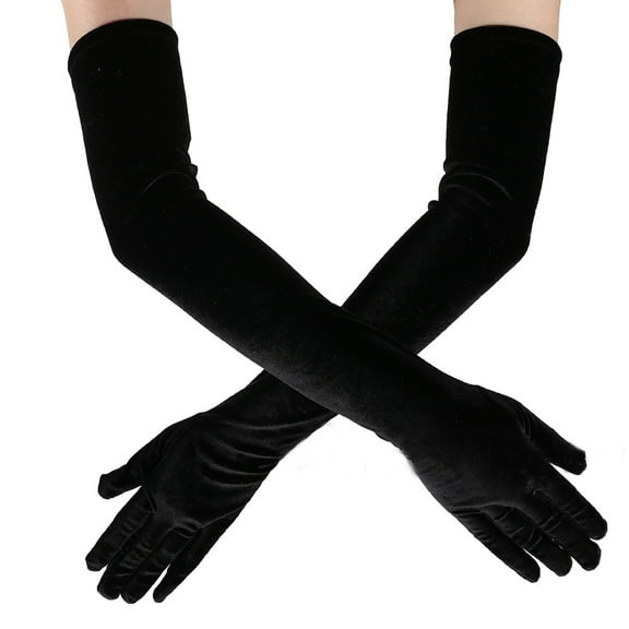 Anvazise Vintage Women Full Finger Stretchy Long Evening Party Velvet Gloves Arm Warmers Black