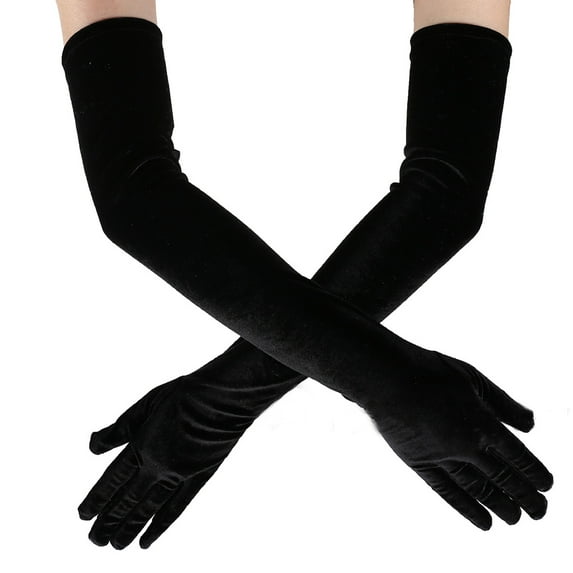 Anvazise Vintage Women Full Finger Stretchy Long Evening Party Velvet Gloves Arm Warmers Black
