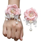 Anvazise Wedding Wrist Flower Elegant Faux Pearl Rhinestone Design Never Wilt or Fade Wrist Flower for Bridesmaids Groomsmen Pink Sets