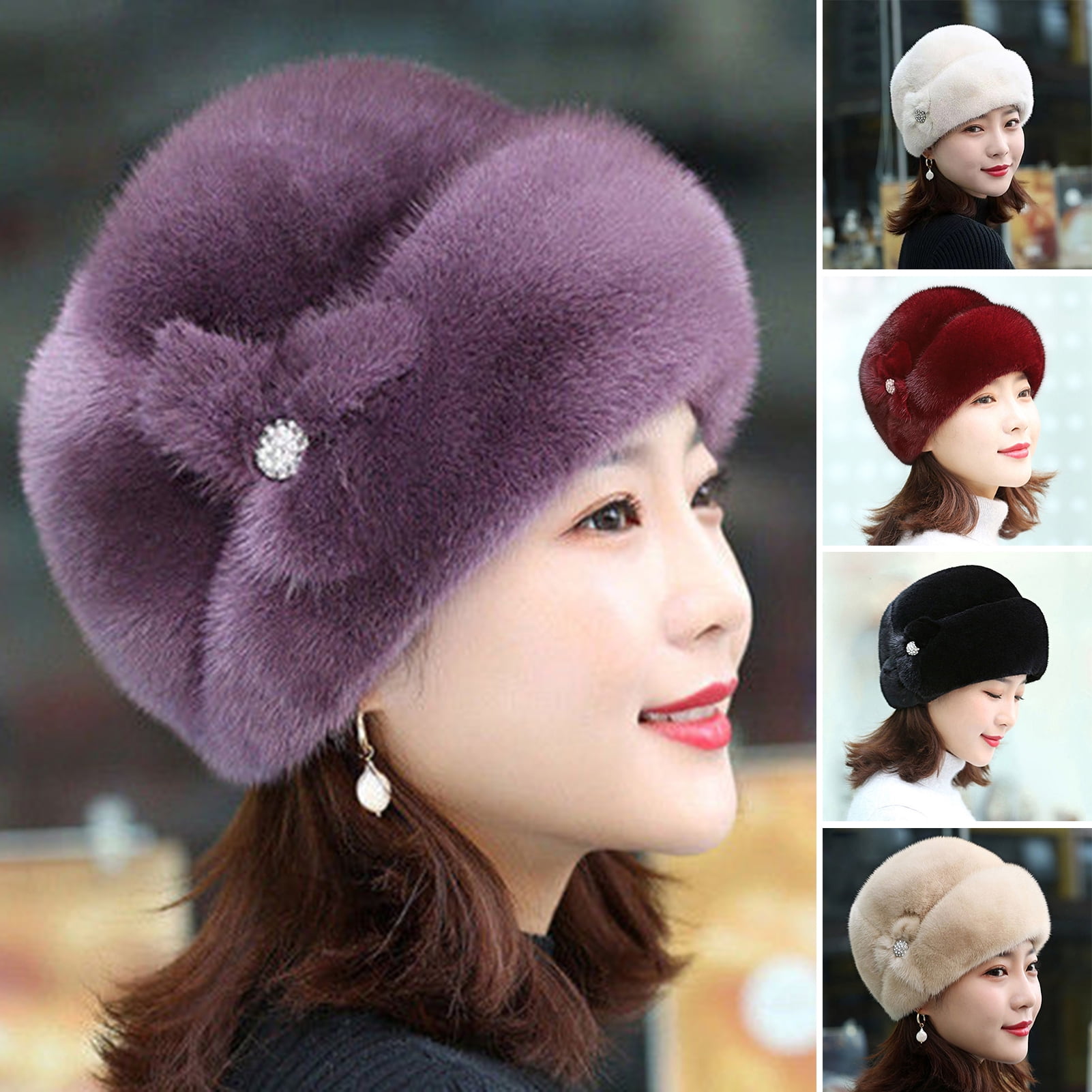 Anvazise Winter Hat Russian Faux Rabbit Fur Flower Decor 