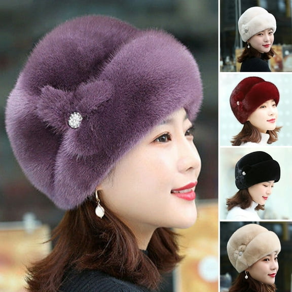 Anvazise Winter Hat Russian Faux Rabbit Fur Flower Decor Thickened Luxury Keep Warm Solid Color Autumn Winter Thermal Middle-aged Women Cap for Outdoor Black