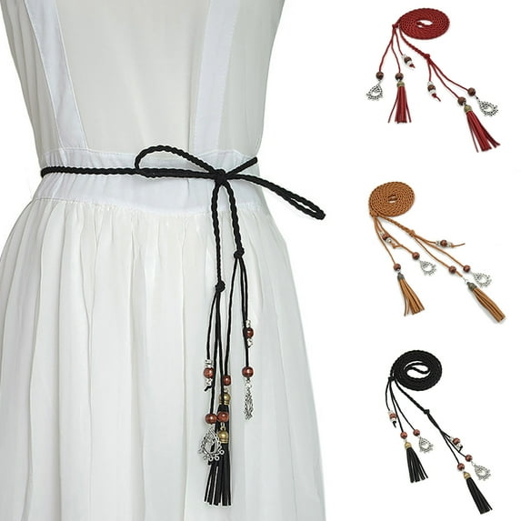 Anvazise Women Braided Beads Tassels Thin Skinny Waist Rope Belt Self-Tie Dress Waistband Black One Size