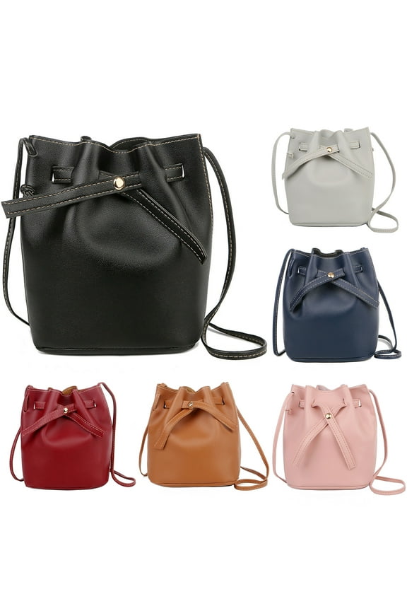 Women Bucket Bag Solid Color Faux Leather Large Capacity Drawstring Casual Waterproof Ladies Crossbody Bag Purse Daily Life Black One Size