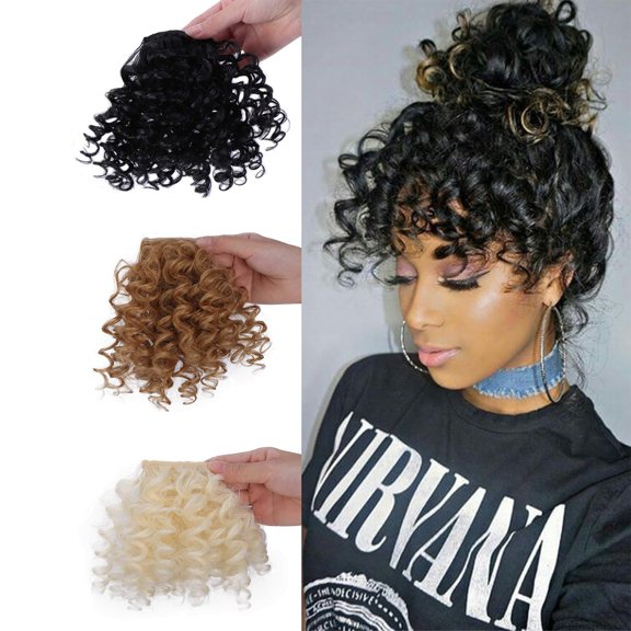 Anvazise Women Curly Black Wig Heat Resistant Hairpiece Natural Bang Hair Extensions Black