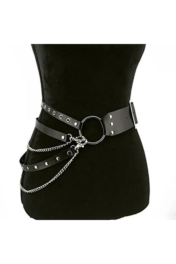 Women Party Belt Hip Hop Gothic Chain Rivet Multi Straps Decorative Faux Leather Punk Pants Matching Women Waist Strap Clothes Accessory Black One Size