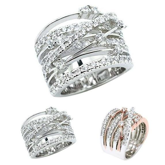Anvazise Women Rhinestone Inlaid Crossover Wide Band Finger Ring Wedding Jewelry Gift Rose Gold US 5