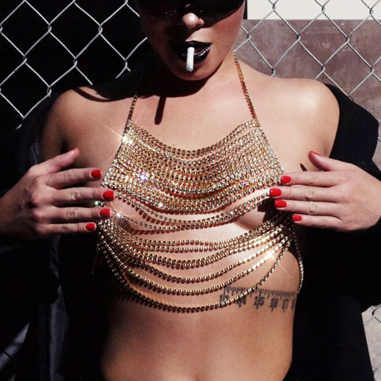 Anvazise Women Rhinestone Inlaid Multi Layer Bra Crop Top Body Chest Chain  Jewelry Golden One Size 