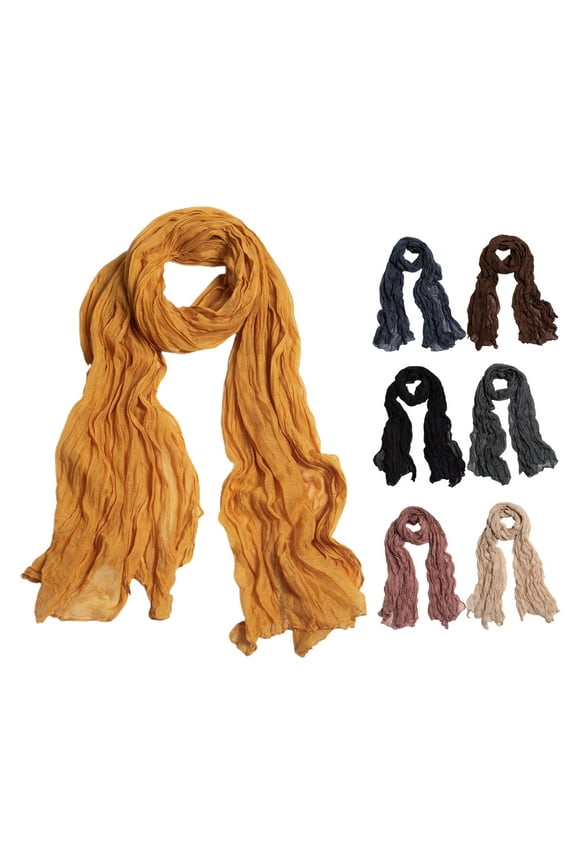 Women Scarf Solid Color Long Wide Crumple Thin Decorative Soft Perspective Wrinkled Scarf Clothes Accessory Light Tan 180cm