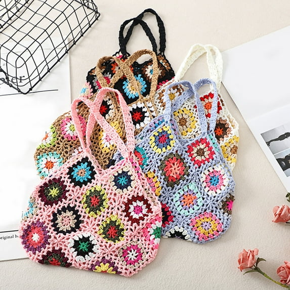 Anvazise Women Tote Bag Floral Crochet Large Capacity Handmade Vintage Multicolor Hollow Out Handbag for Travel Pink One Size