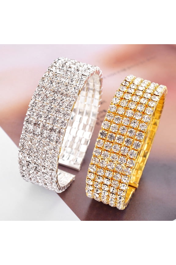 Women's 5 Rows Clear Rhinestone Wide Bracelet Cuff Open Bangle Bridal Jewelry Silver